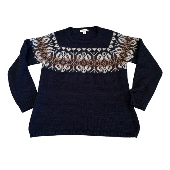 Coldwater Creek Women's Knit Sweater L Fair Isle Nordic Winter Blue Wool Blend - Picture 1 of 8